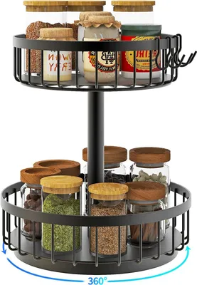 Produktbild von 360° drehbares Kräuterregal mit 2 Tieren - Gewürzhalter Organizer - Drehteller Küchenschrankhalter für Küchenlagerung - rutschfester Arbeitsplattenhalter - multifunktionaler kosmetischer Organizer.