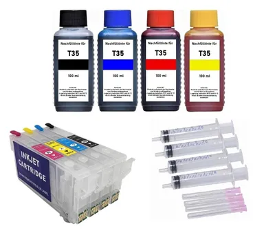 Image de Cartouches d'encre rechargeables compatibles avec les modèles Epson T3591, T3592, T3593, T3594, T35, T35 XL + 4 flacons d'encre de recharge de 100 ml pour les modèles WF-4720, 4725, 4730, 4735, 4740