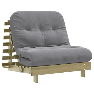 A gray futon sofa with a wooden frame, shown from the front.