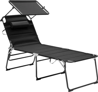 Produktbild von AGA Gartenliege XXL, Schwarz, mit Dach, 200x70x45cm (LxBxH), Polyester/Aluminium, 4-fach verstellbare Rückenlehne, klappbar, für Garten, Camping, Strand