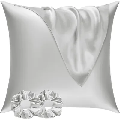 Productafbeelding van Satinkussensloop, 80x80 cm, lichtgrijs, set van 2, inclusief 2 elastische haarbandjes