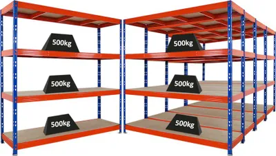 Produktbild von Mega Deal | 5x Profi Schwerlastregal Rhino | HxBxT 200x200x60cm | 4 Spanplatten-Ebenen 8mm | Fachlast 500kg | Blau-Orange