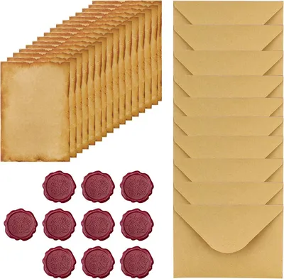 Produktbild von Vintage Schreibpapier mit Umschlägen Set, 16 A5 Blätter, 10 Kraftpapier Umschläge, 10 Wachssiegel Aufkleber