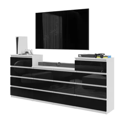 Immagine prodotto di Cassettiera 220 Cm Bianco Opaco / Nero Lucido, 14 Cassetti, Set Di Tre Cassettiere, Soggiorno