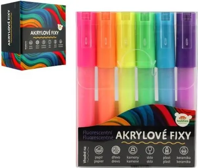 Zdjęcie produktu dla Akrylowe markery fluorescencyjne 6szt również do ceramiki, szkła, kamieni w blistrze 9x12cm