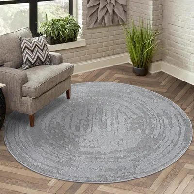 Produktbild von Teppich Kurzflor Wohnzimmer - Grau - 200 cm Rund -  Meliert, Geo-Muster - 3D-Effekt