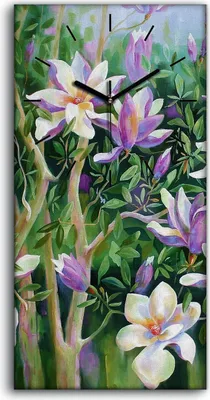 Produktbild von Dekor Leinwand Uhr Wandbilder Geräuschlos 30x60 Blühende Magnolienäste - schwarze Hände