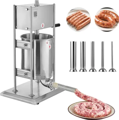 Image de Embossoir à saucisses manuel VEVOR 10 L embossoir à saucisses vertical embossoir à viande à 2 vitesses (rapide / lent), embossoir haute performance en acier inoxydable avec 5 tubes d embossage, embossage de viande