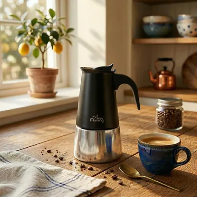 Immagine prodotto di Caffettiera espresso da piano cottura Any Morning, caffettiera a induzione in acciaio inox compatibile con tutti i tipi di piano cottura, caffettiera italiana, caffettiera a percolatore 6 tazze, 10 oz, nero