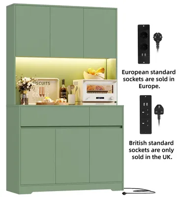 Produktbild von Küchenschrank - Hochschrank mit Sideboard-Stauraum - LED-Beleuchtung und Steckdose - 6 Türen 2 Schubladen - Verstellbare Einlegeböden - 180x100x38,5 cm - Grün