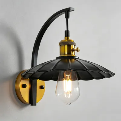 Wandlampe schwarz Metall Retro E27 feste Montage Messingdetails