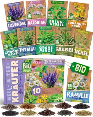Produktbild von ZenGreens® Bio Teekräutersamen Set 10 Sorten – samenfestes Saatgut für Garten