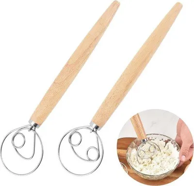 Image de Unyqoos® : Fouet à pâte danois en acier inoxydable avec manche en bois de chêne, à une ou deux boucles, lot de 2 – Fouet pour pâte, idéal pour le pain, les gâteaux et les pâtisseries