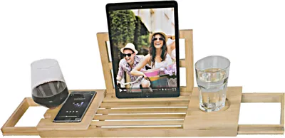 Produktbild von Merkloos Badewannenbrett für die Badewanne - Badewannenständer - Ausziehbar 50-92cm - Tablet-Halter - Bambus