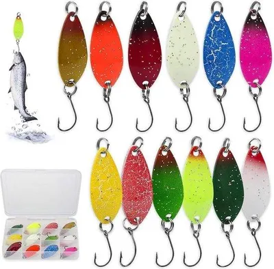 Image de Ensemble de pêche 12 pièces, appâts assortis, cuillères métalliques, boîte à truites