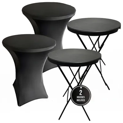 Image de IvoQ Lot de 2 Mange-debout Noir – Inclus 2 Housses Extensibles Noires – Ø80 cm x 110 cm – Pliable – Tables de Réception pour Fête, Jardin & Événement