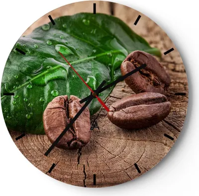 Produktbild von Wanduhr - Rund - Glasuhr - Aroma Kaffee Pflanze Samen - 30x30cm - Schleichendes Uhrwerk - Lautlos - zum Aufhängen bereit - Dekoration Modern - Wanddekoration aus Glas - C3AR30x30-2548