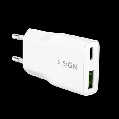 Produktbild von SiGN GaN Ultra Slim Schnellladegerät USB-A & USB-C, PD & QC3.0, 3A, 20W - Weiß