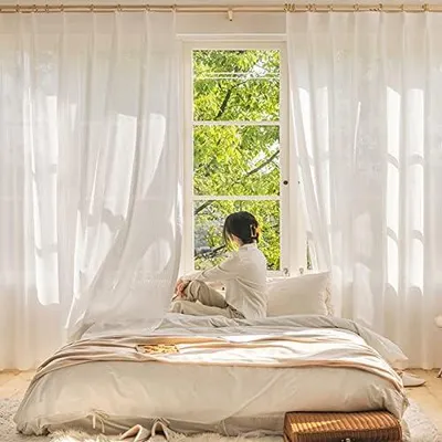 Produktbild von Weiße Plissee-Fenstervorhänge, 260 cm lang, 2 Paneele, halbtransparent mit vertikalen Streifen