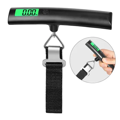 Produktbild von Gepäckwaage, tragbare Handwaage für Reisen bis 50 kg, mit Haken, elektronische Gewichtsmessung, digitale Anzeige.