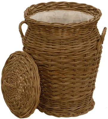 Produktbild von KRINES HOME Wäschekorb / Wäschetonne rund aus echtem Rattan, Wäschesammler mit Deckel und Inlett (Grau Naturrohr)