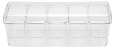 Image de Boîte de rangement pour condiments avec 5 compartiments, polyvalente, empilable, réutilisable, en plastique. Plateau pour sauces et accompagnements idéal pour les fêtes en extérieur, les pique-niques