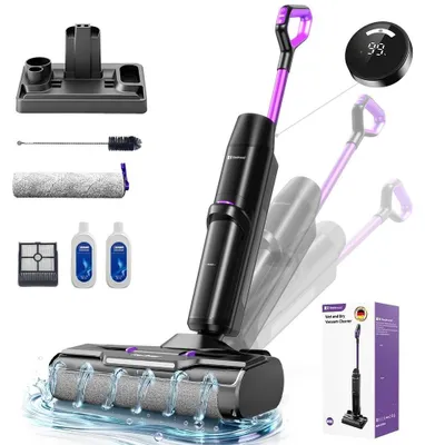 Obrázok produktu pre Bezdrôtový mokrý/suchý vysávač – tyčový vysávač – funkcia samočistenia – výkon 180 W, 230 V – LCD displej – HEPA filter – 40 minút výdrž batérie – vhodný na tvrdé podlahy a odstraňovanie živočíšnych chlpov