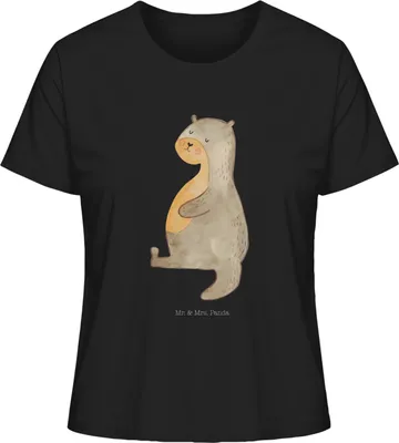 Produktbild von Mr. & Mrs. Panda Baumwoll T-Shirt Damen Otter Bauch Größe S - Schwarz - Geschenk, voll Gefuttert, Oberteil, Shirt, Satt, Zufrieden, Sportmuffel, Seeotter See, für Frauen