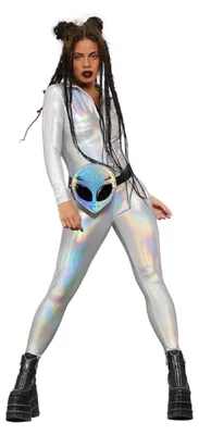 Produktbild von Irisierender Silber Metallic Catsuit Space Girl Disco Astronautin Rave, Größe:S