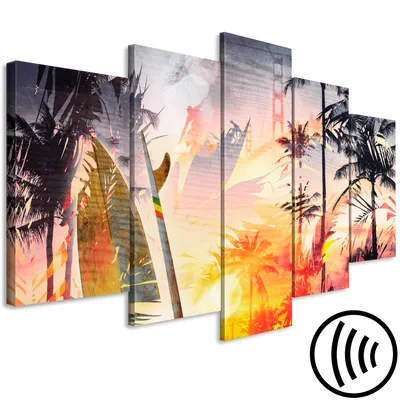 Produktbild von Akustikbild Sommer 200x100 cm Bilder Akustikschaum Hochleistungsschallabsorber Schallschutz Leinwand 5 tlg Wandbild Raumakustik Schalldämmung Palmen Surfer orange c-C-0401-b-m