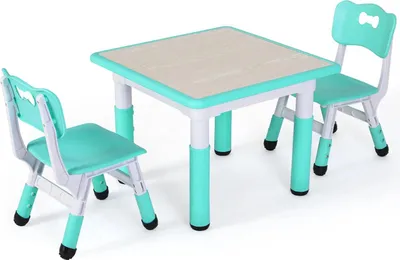 Produktbild von Kindertisch mit 2 Stühlen - Höhenverstellbares Kindermöbel-Set - Quadratisch 60x60 cm - Kunststoff - Für Kinder 3-8 Jahre - Türkis