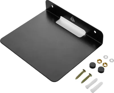 A black metal wall mount for home theater speakers, shown with its mounting hardware.