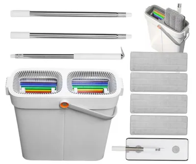 Produktbild von Flachmopp Set Joybos 41 cm mit 2-Kammer Eimer Auswringer 4 Wischbezüge Bodenwischer