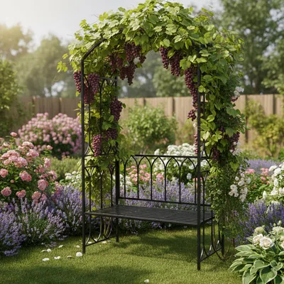 Produktbild von Relaxdays Rosenbogen mit Bank, Torbogen Garten, HBT: 210 x 134 x 48 cm, Rankbogen für Kletterpflanzen, Metall, schwarz