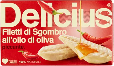 Produktbild von Pikante Makrelenfilets in Öl Filetti di sgombro piccante 125g - Delicius