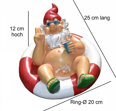 Produktbild von Geschenkestadl Gartenzwerg Teichfigur Nackter Zwerg Badering mit Schwimmreifen, Sonnenbrille, Badelatschen, Bier und Peace-Zeichen, Polystein, ca. 25 cm lang, 12 cm hoch, Ring-Ø 20 cm