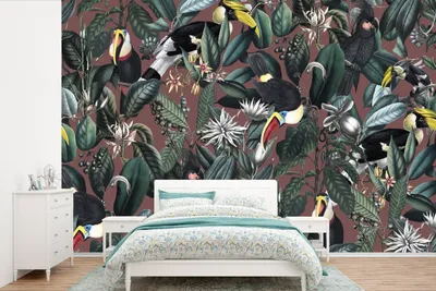 Produktbild von MuchoWow® Fototapete für Wohnzimmer oder Schlafzimmer Wandtapete Vinyl Motivtapete Blumen - Vögel - Blätter - 600x400 cm - Vinyltapeten