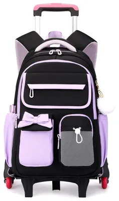 Produktbild von Schulrucksack Mädchen mit Rollen, abnehmbar, Trolley, Schwarz Lila, 33x19x46cm