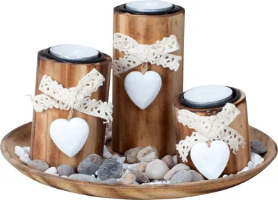 Produktbild von Teelichthalter 3 Stück mit Tablett rund 21,5 cm Holz Kerzenständer Set