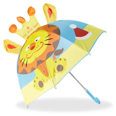 Produktbild von Relaxdays Kinderregenschirm mit 3D Löwe, Regenschirm für Mädchen und Jungen, kleiner Stockschirm, gelb-blau