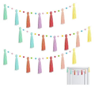 Imagen del producto de Guirnaldas bohemias con pompones – Decoración para aulas, juego de 3 unidades, adornos colgantes de estilo colorido