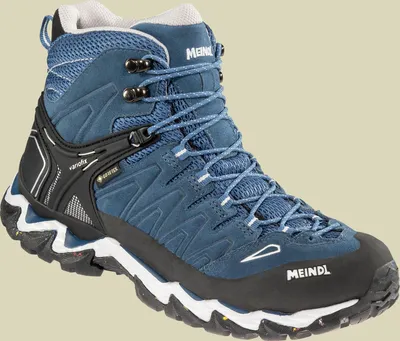 A single blue hiking boot is shown against a light gray background.