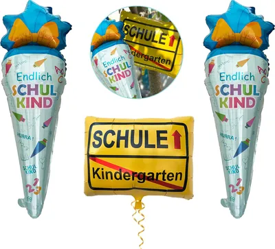Produktbild von Oblique Unique 3er Set Folienballon 2x Zuckertüte + Kindergarten/Schule Ortsschild Ballon Deko für Schuleinführung Einschulung