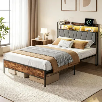 Produktbild von INONEFT Polsterbett 140 × 200 cm mit LED, Doppelbett Boxspringbetten mit Lattenrost, Jugendbett mit USB/C,Holzbett Metallbett, Grau