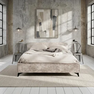 Produktbild von Polsterbett VIRETTA 140x200 in beige - Doppelbett mit Lattenrost & Chenille Stoffbezug. Bett in modernem Design mit stabilem Holzrahmen & Metallbein