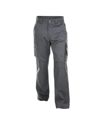 A pair of gray cargo pants is shown against a white background.