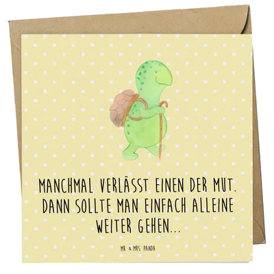Produktbild von Mr. & Mrs. Panda Grußkarte Schildkröte Wanderer - Gelb Pastell - Geschenk, Klappkarte, Motivation, anlasskarte, Rucksack, Schildkröten, doppelkarte, Motivationsspruch