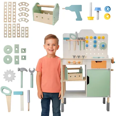 Produktbild von 4iQ Holz Kinder-Werkstatt „Majsterek“  63,5x34x94 cm – Werkzeugbank aus Holz inkl. Werkzeugset