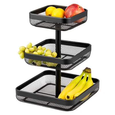 Zdjęcie produktu dla eluno – półka na owoce, kwadratowy kosz na pieczywo z trzema półkami, kosz na owoce, wymiary: 20 x 20 cm, 25 x 25 cm i 30 x 30 cm, wykonane z czarnego metalu