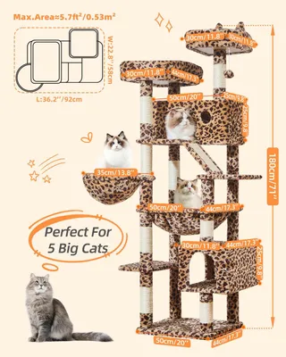 Produktbild von Kratzbaum groß, 180 cm, 8 Kratzstämme, 2 Plattformen, 2 Höhlen, Hängematte, Plüschbälle, für Katzen